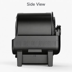 Automatic cat litter box side view showing enclosed rotating drum structure