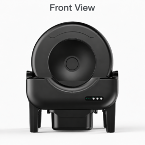 Enclosed automatic litter box front view with self-cleaning design